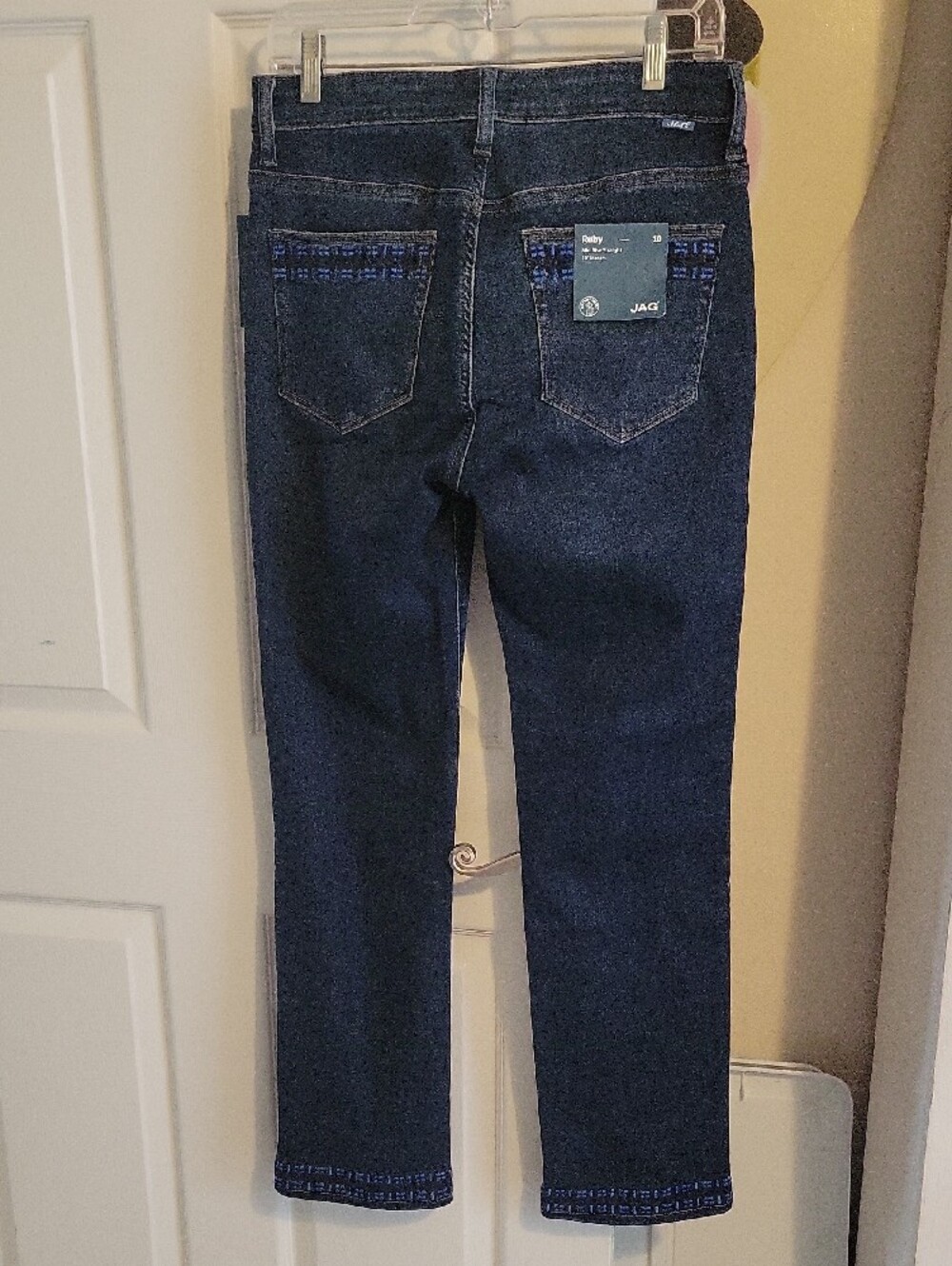Jag Jeans Sz10 Dark Navy Straight Leg Stretch Denim Embroidered Hem Back pocket - Picture 6 of 6